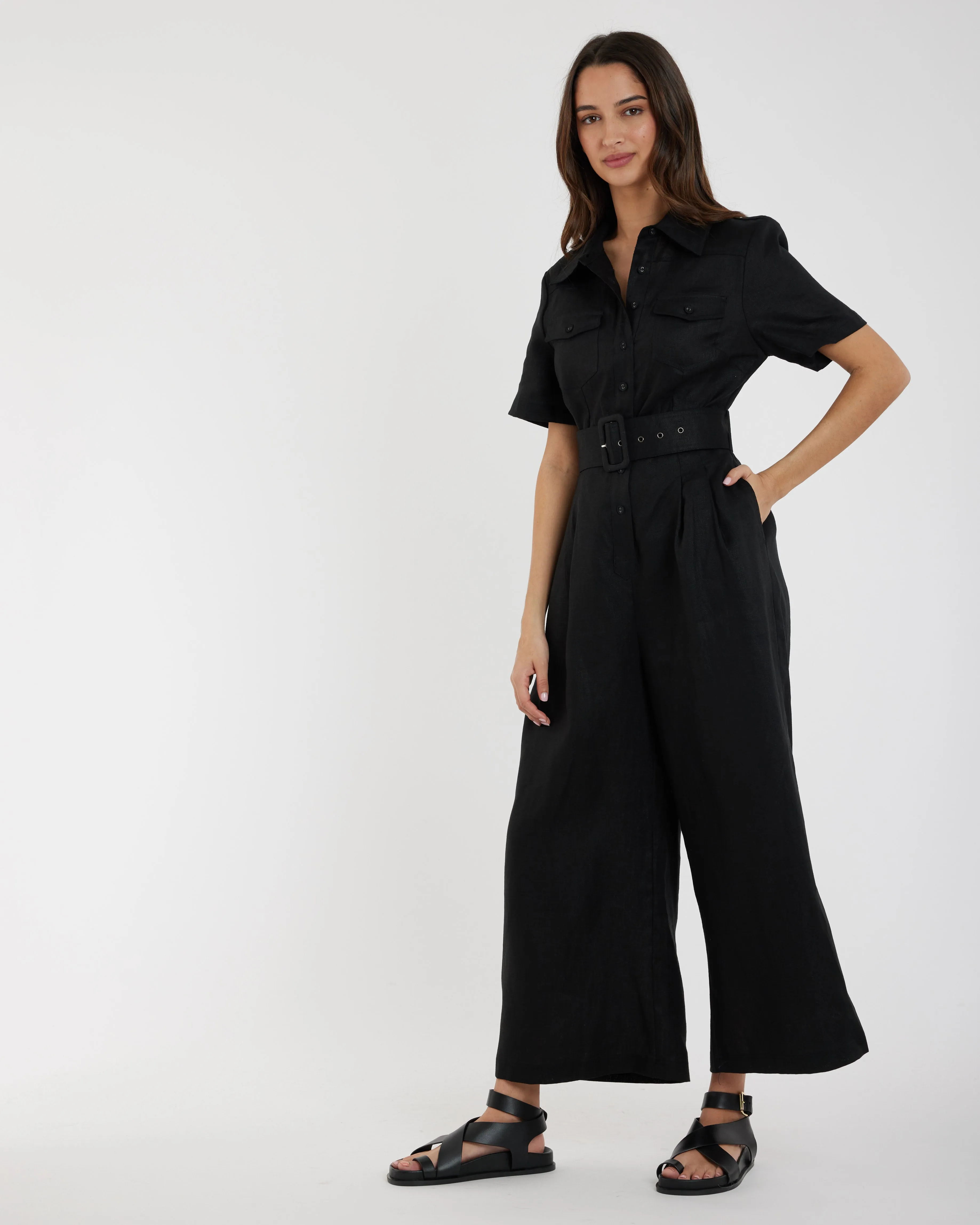 Portsea Linen Jumpsuit - Black