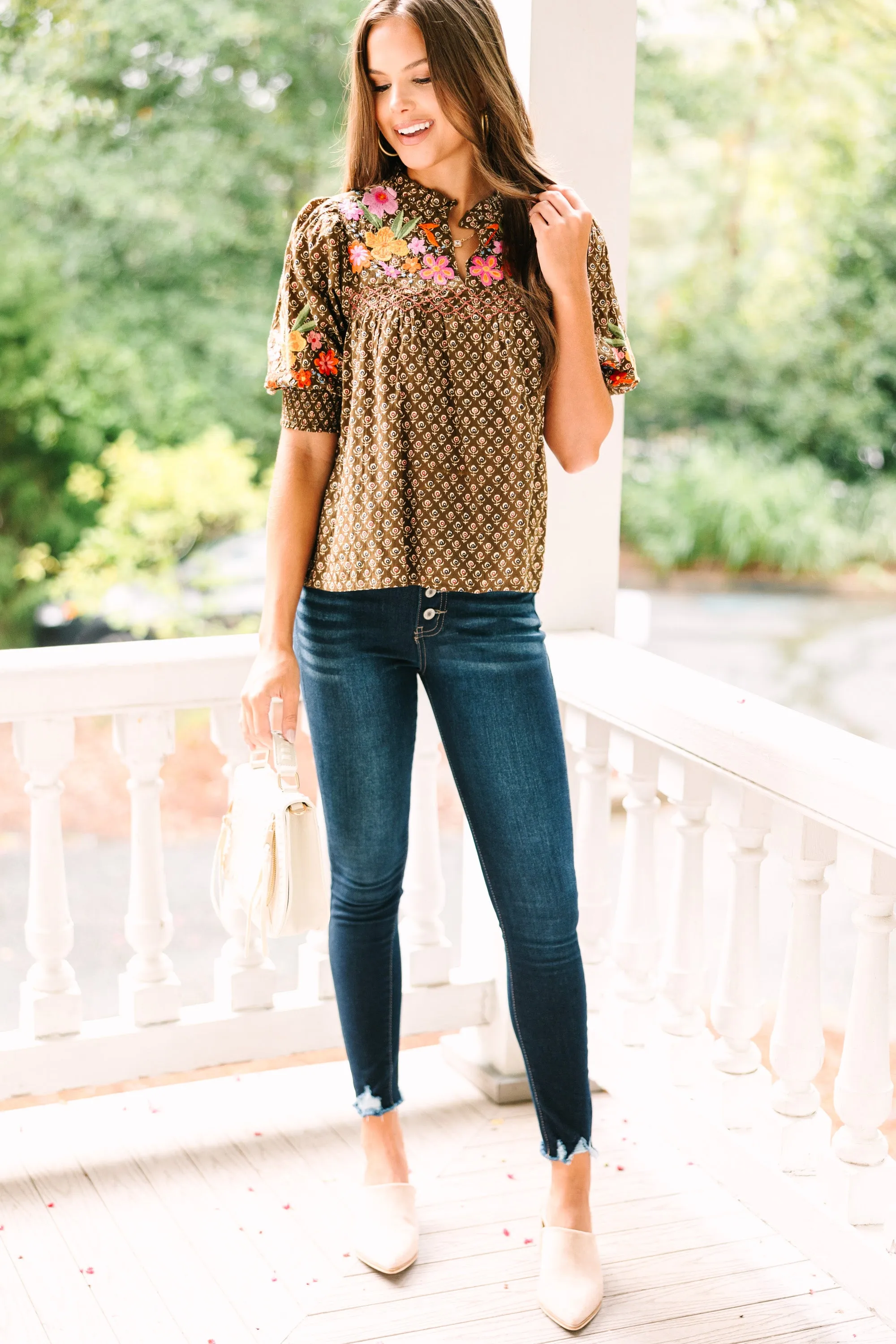 THML: All Worth It Green Floral Blouse