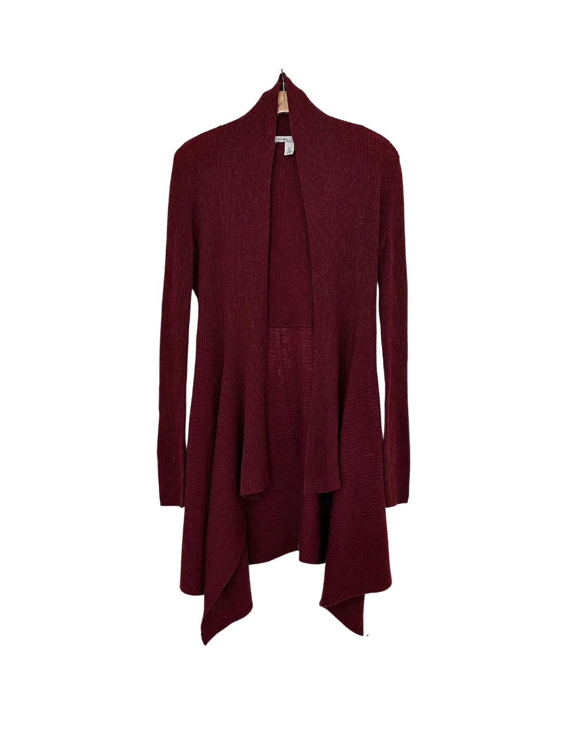 Elegant Cranberry Ribbed Drape Cardigan in Lightweight Tissue Fabric