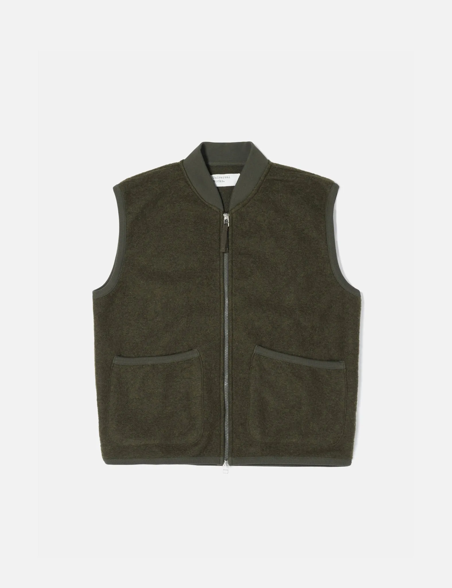 Universal Works Zip Waistcoat (Wool Fleece) - Olive Green