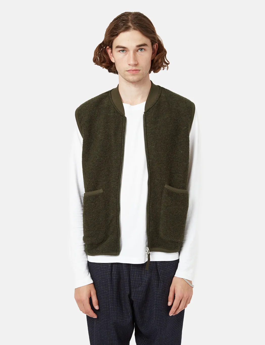 Universal Works Zip Waistcoat (Wool Fleece) - Olive Green