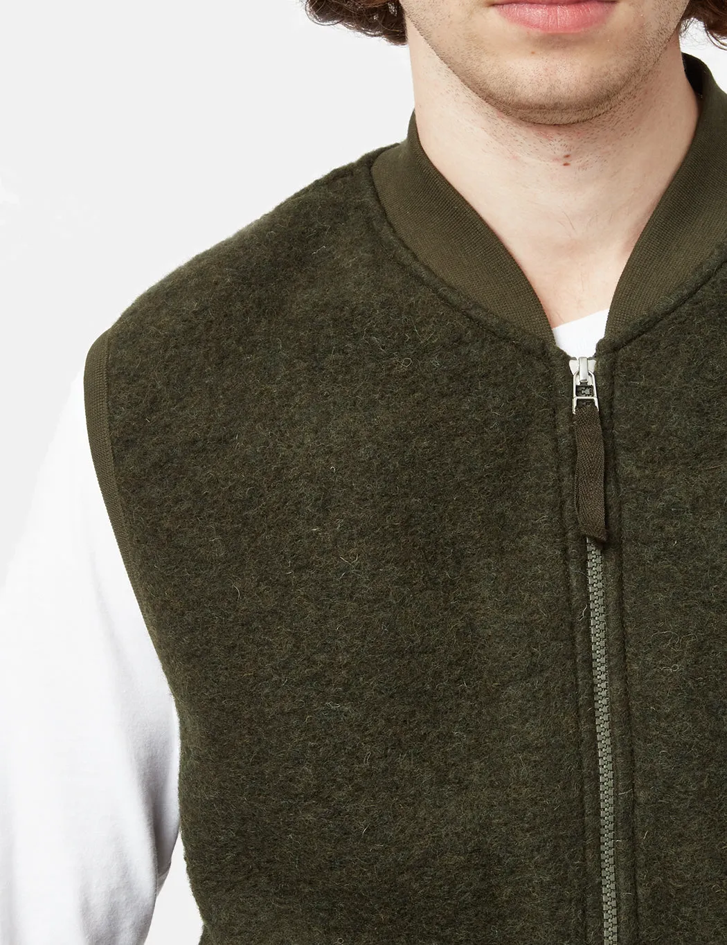 Universal Works Zip Waistcoat (Wool Fleece) - Olive Green