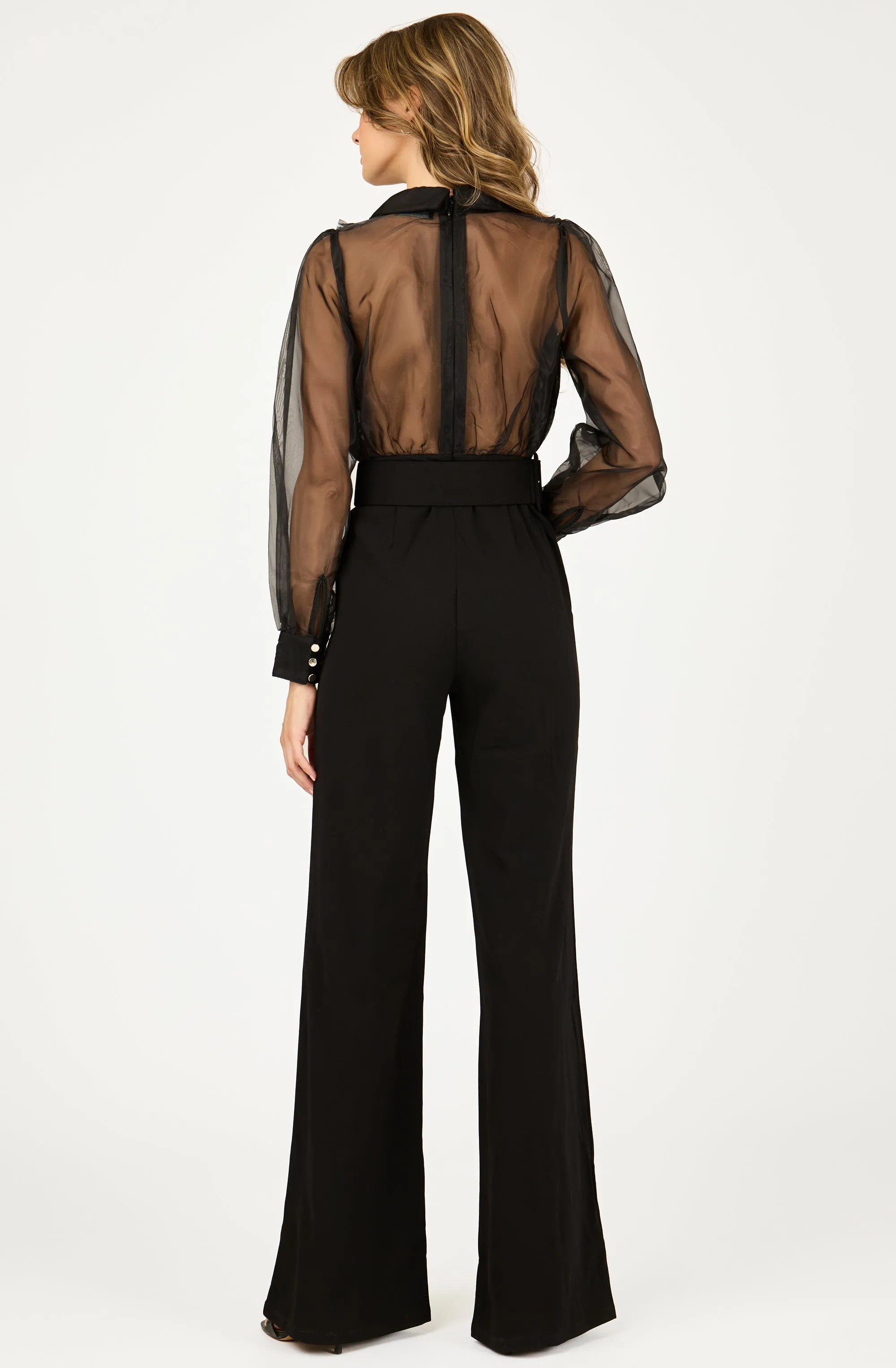 Wide leg Belted Jumpsuit with Organza Sleeves