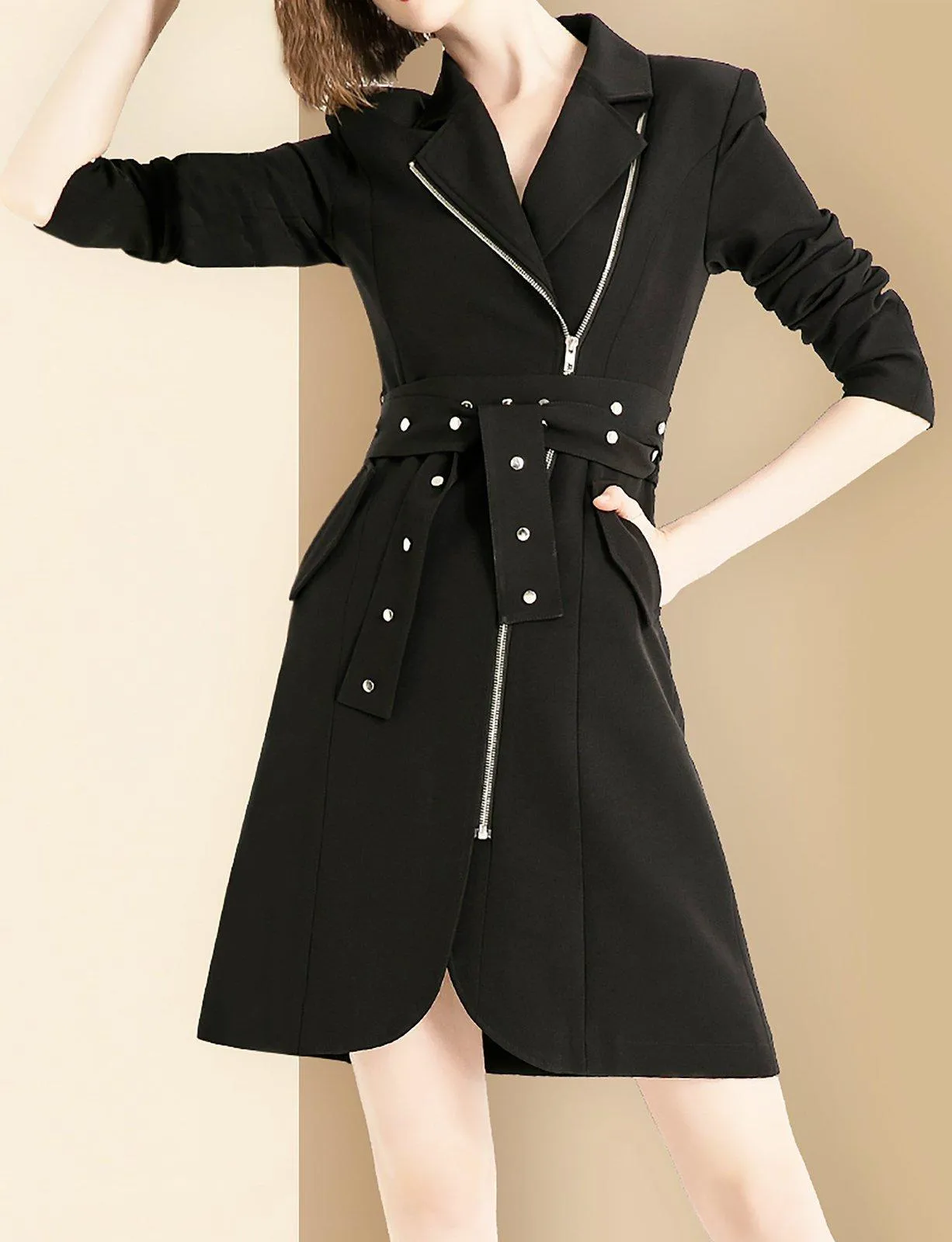 Women Black Irregular Belted Long Blazer Trench Dress