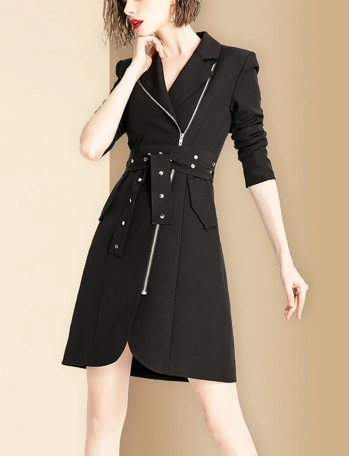 Women Black Irregular Belted Long Blazer Trench Dress