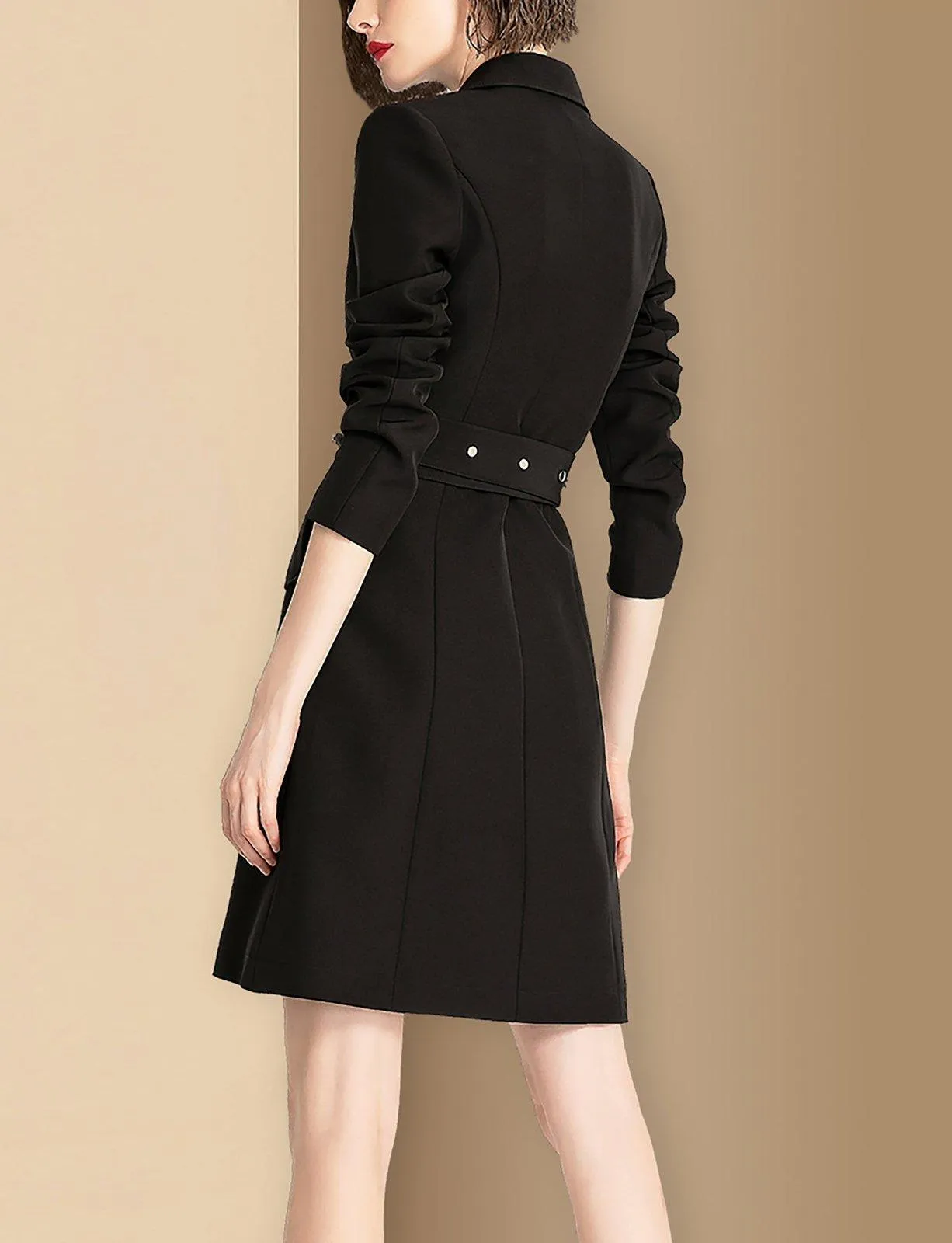 Women Black Irregular Belted Long Blazer Trench Dress