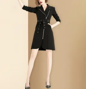 Women Black Irregular Belted Long Blazer Trench Dress