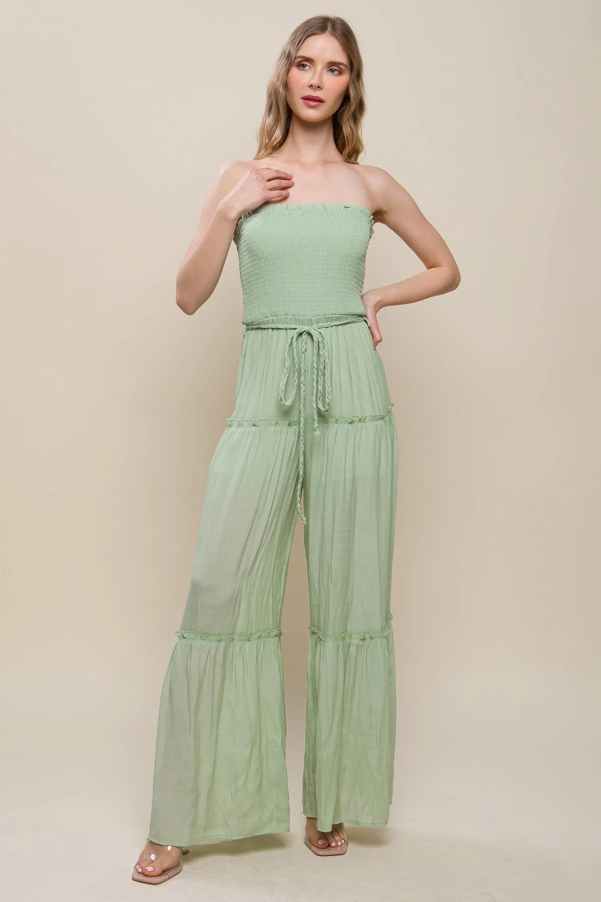 Woven Solid Sleeveless Smocked Ruffle Jumpsuit