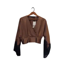 ZARA Bronze Satin with Black Lace Cropped Blouse