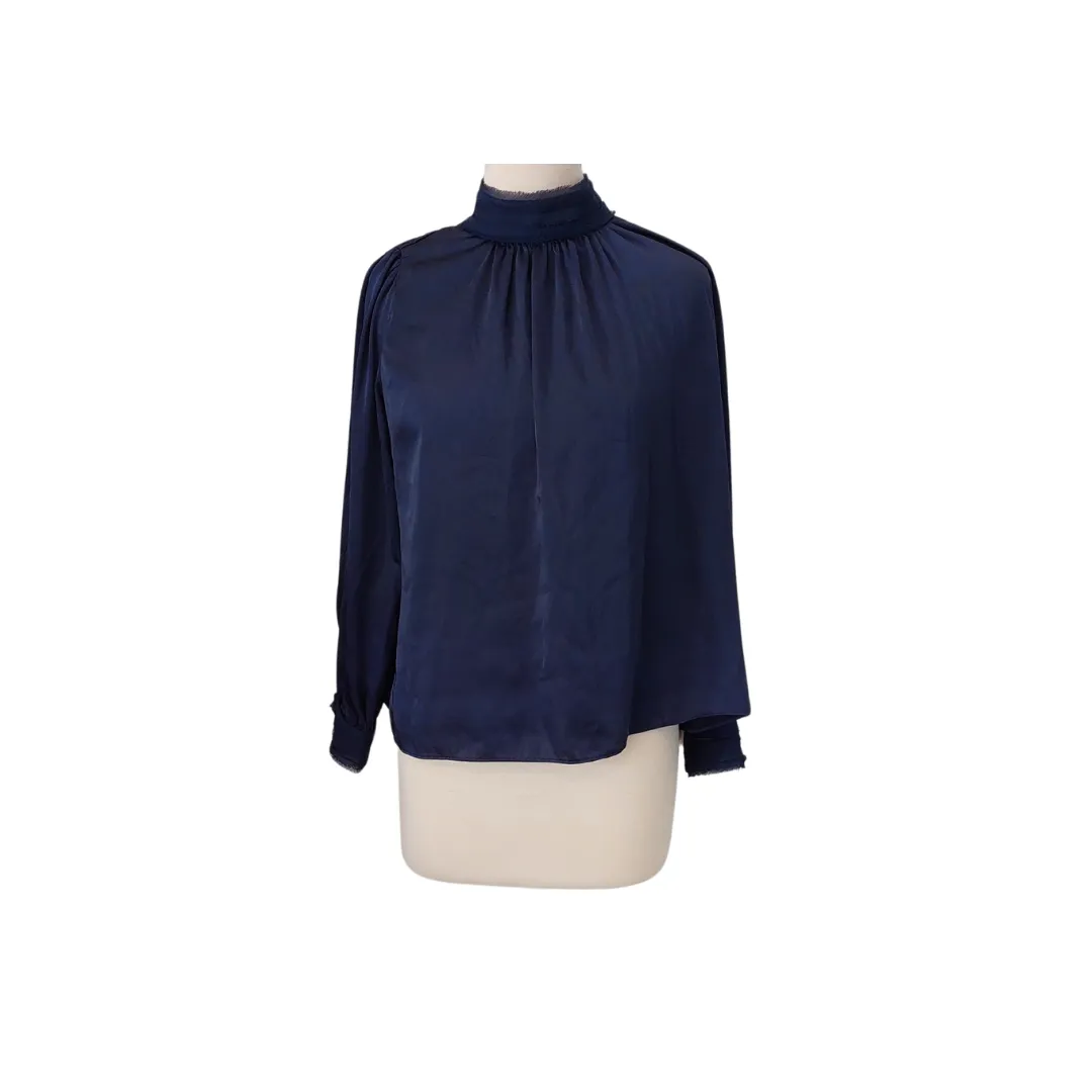 ZARA Navy Satin High-Collared Blouse | Brand New |